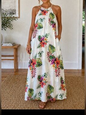 Long all linen Hawaiian floral print swim coverup or dress, medium Lungo L’Arno